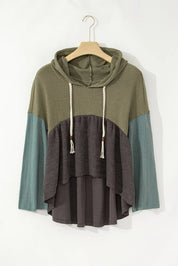 Waffle-Knit High-Low Color Block Hooded Long Sleeve Top | Tops Daverri Fashions