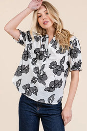 Lime 'N' Chili Embroidered Split Neck Puff Sleeve Blouse | Daverri Fashions