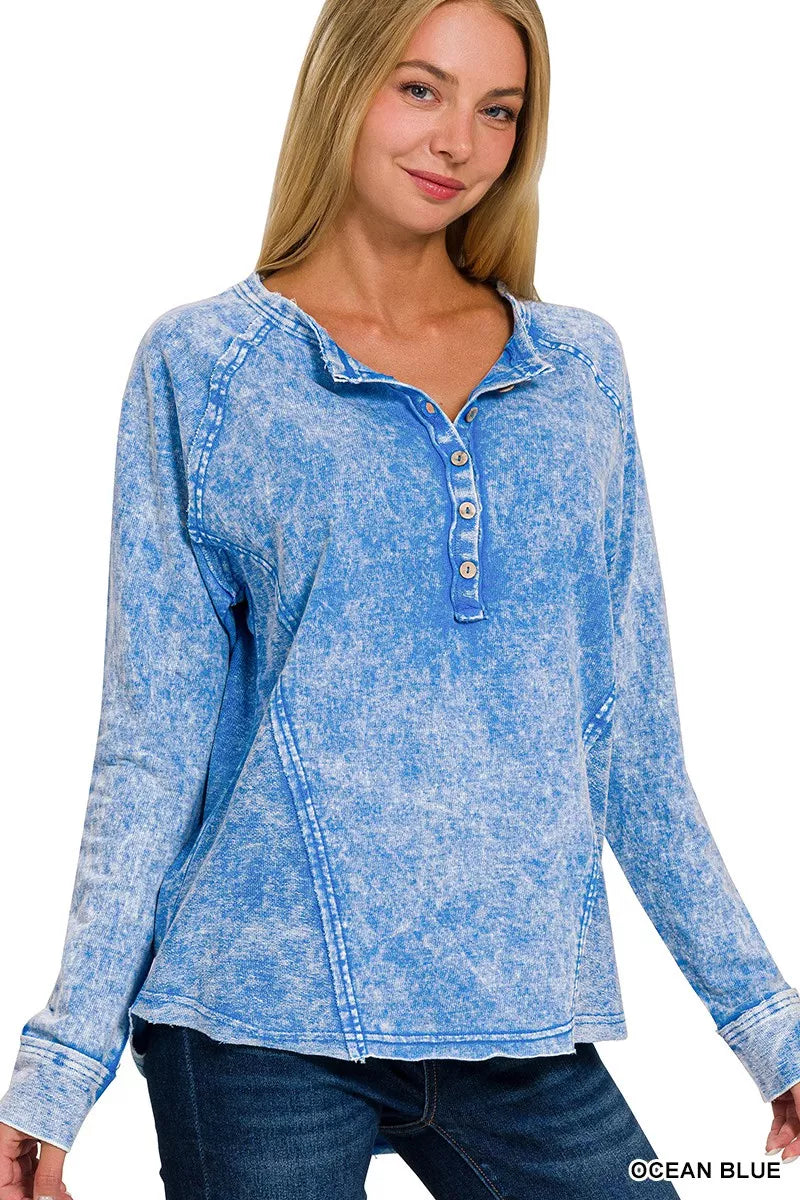 Zenana Washed French Terry Half Button Top | Tops Daverri Fashions