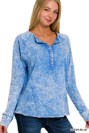 Zenana Washed French Terry Half Button Top | Tops Daverri Fashions