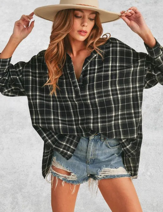 Black Aemi + Co Side Slit High-Low Plaid Long Sleeve Polo Shirt | Daverri Fashions