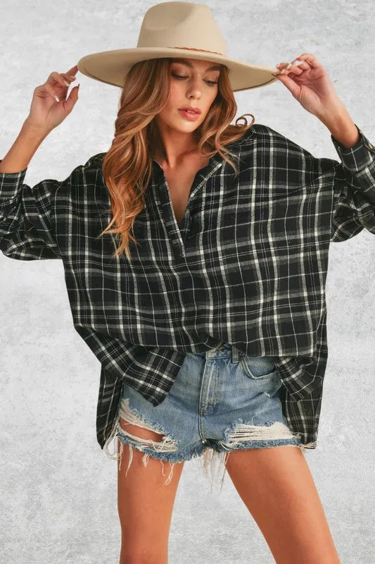 Black Aemi + Co Side Slit High-Low Plaid Long Sleeve Polo Shirt | Daverri Fashions
