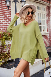 Slit V-Neck Dropped Shoulder Sweater | Sweaters Daverri Fashions