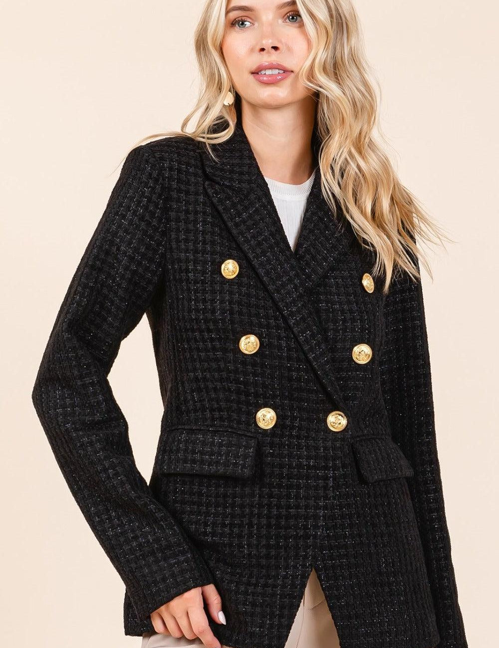 Black Mittoshop Plaid Texture Double-Breasted Long Sleeve Blazer | Daverri Fashions