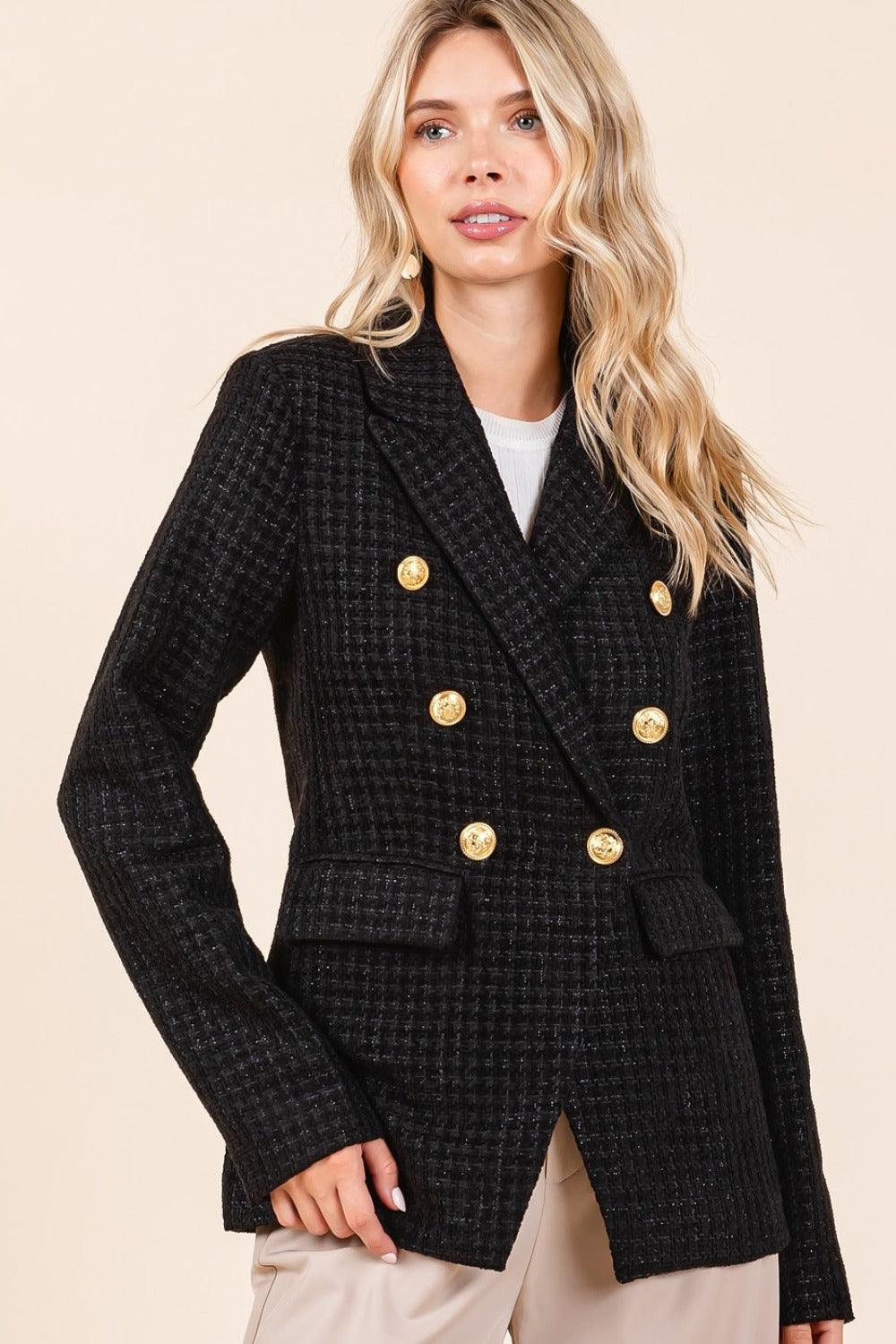 Black Mittoshop Plaid Texture Double-Breasted Long Sleeve Blazer | Daverri Fashions