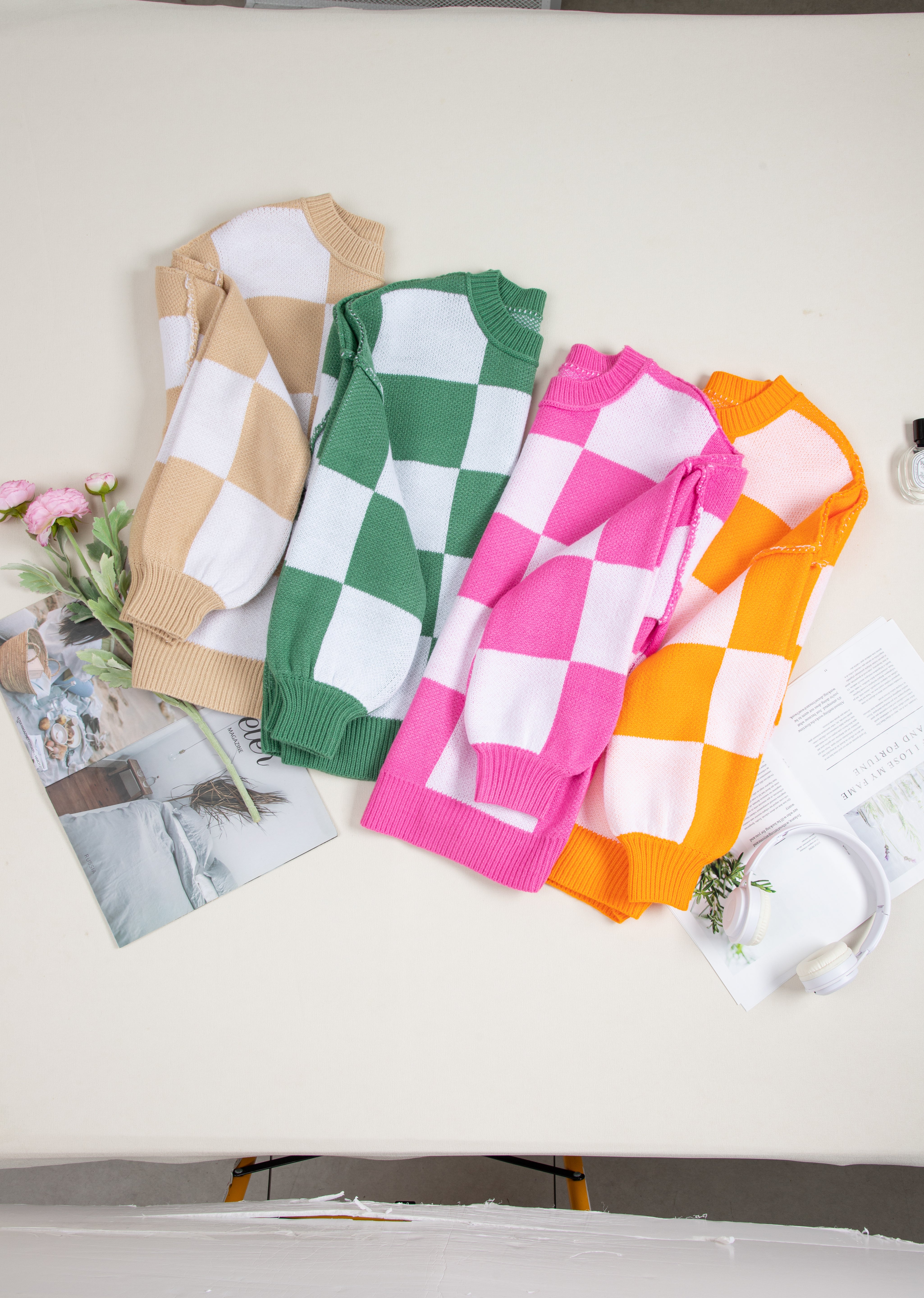 Checkered Bishop Sleeve Sweater | Sweaters Daverri Fashions