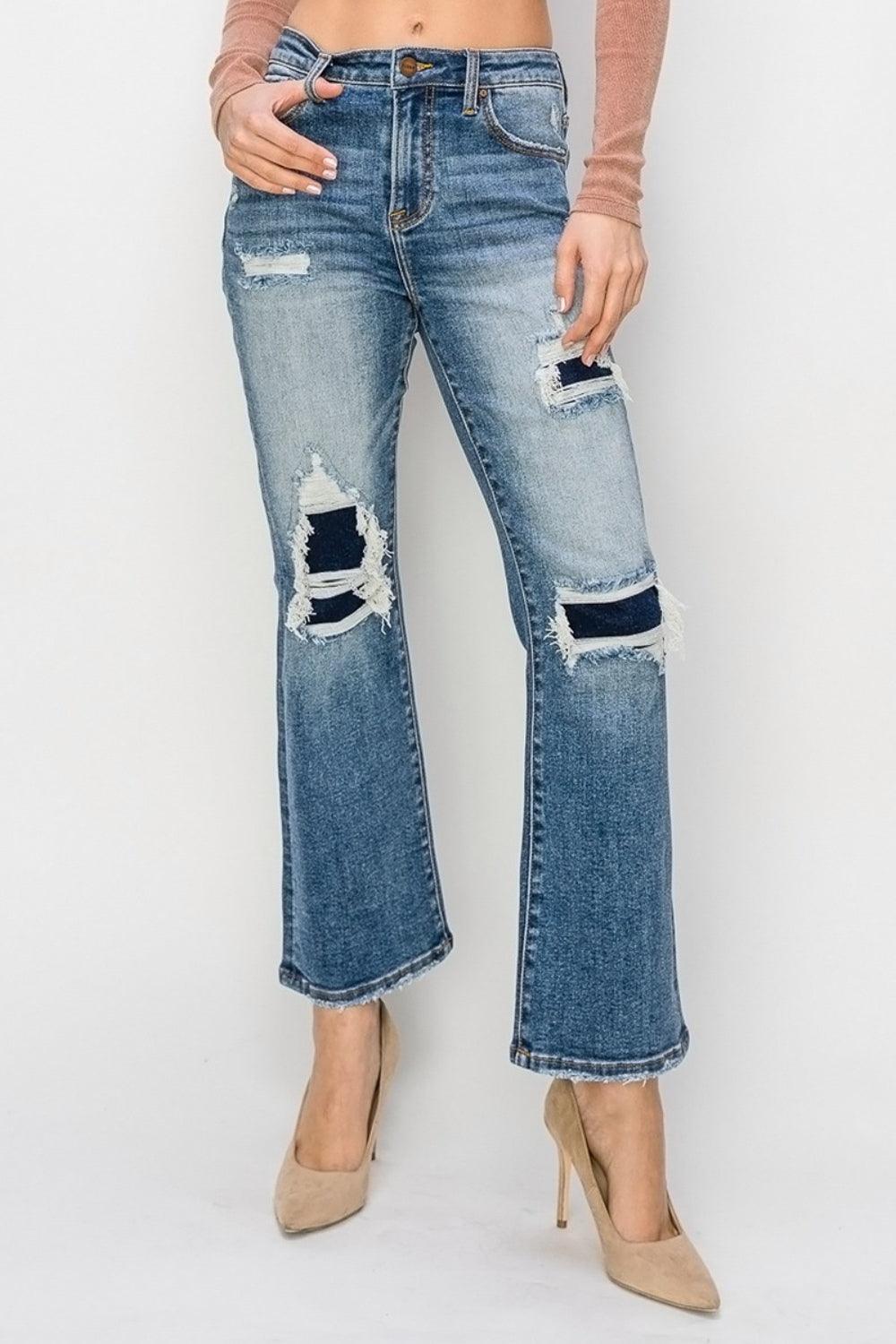 Risen Full Size High Rise Distressed Ankle Flare Jeans | Daverri Fashions