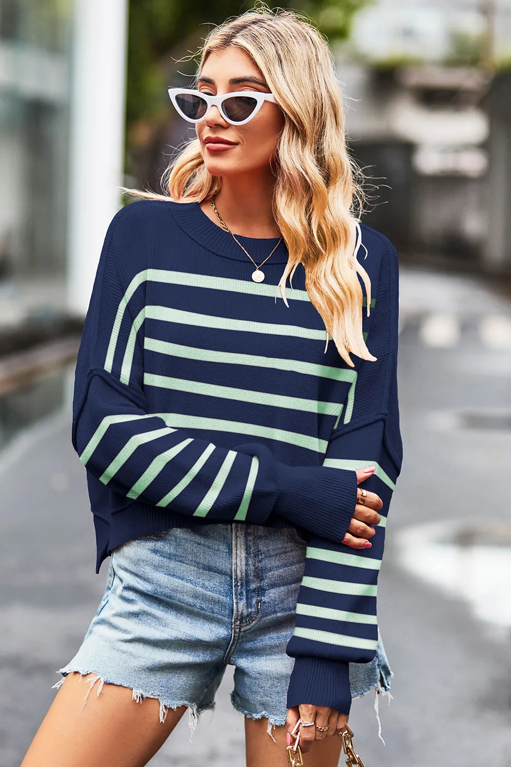 Striped Round Neck Drop Shoulder Slit Sweater | Sweaters Daverri Fashions