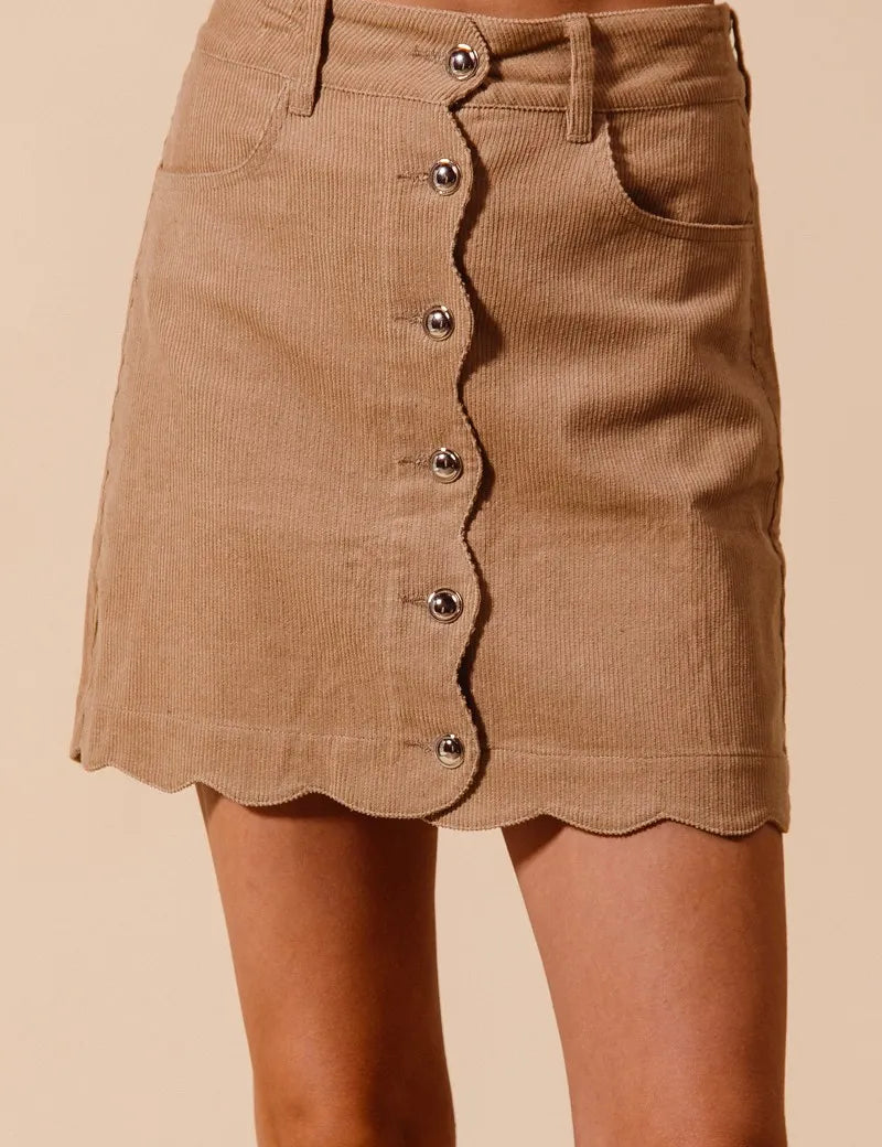 TAUPE L SO ME Scallop Buttoned Front Corduroy Mini Skirt | Skirts Daverri Fashions