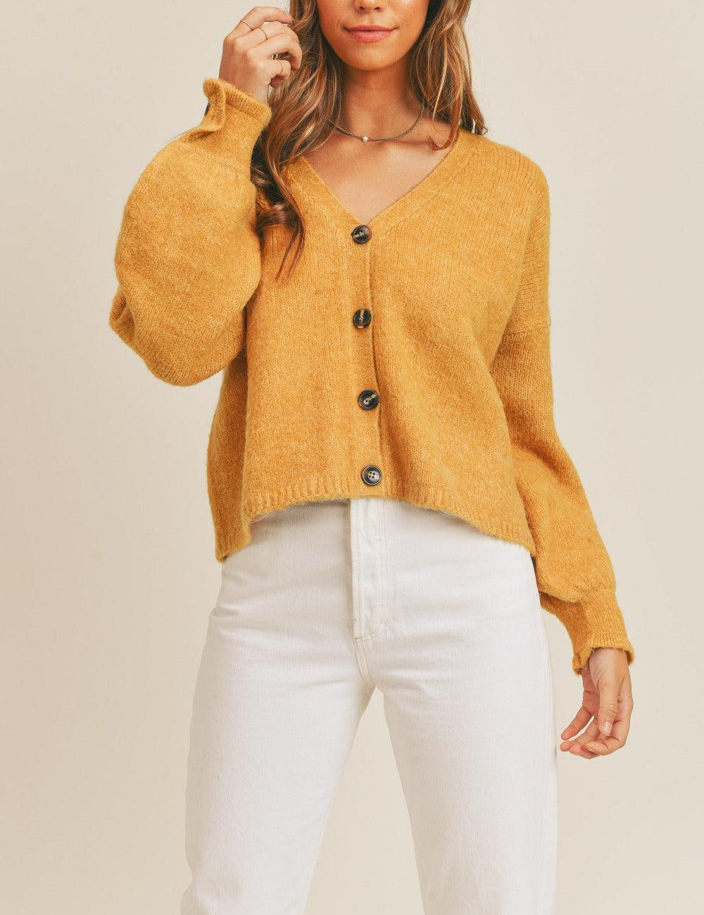 Mustard M L Long Sleeve Button Down Sweater Cardigan | Sweaters Daverri Fashions