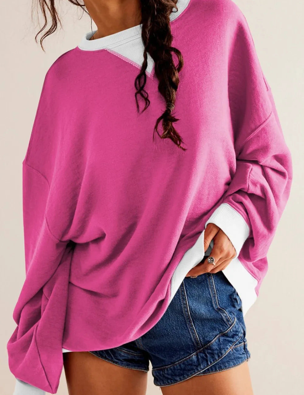 Deep Rose Contrast Dropped Shoulder Long Sleeve Sweatshirt | Sweatshirts Daverri Fashions