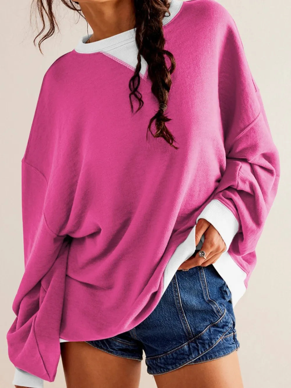 Deep Rose Contrast Dropped Shoulder Long Sleeve Sweatshirt | Sweatshirts Daverri Fashions