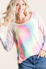 BiBi Tie Dye Terry Top with Color Block Pointelle Knit | Tops Daverri Fashions