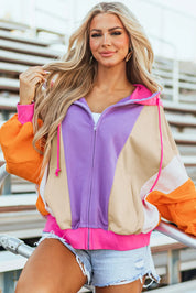 Drawstring Color Block Zip Up Long Sleeve Hoodie | Hoodies Daverri Fashions