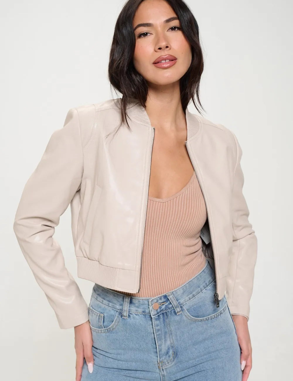 Cream Coalition LA Zip Up Cropped Bomber Jacket | Jackets Daverri Fashions
