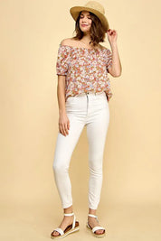 Lime 'N' Chili Floral Print Short Sleeve Off-The-Shoulder Blouse | Daverri Fashions