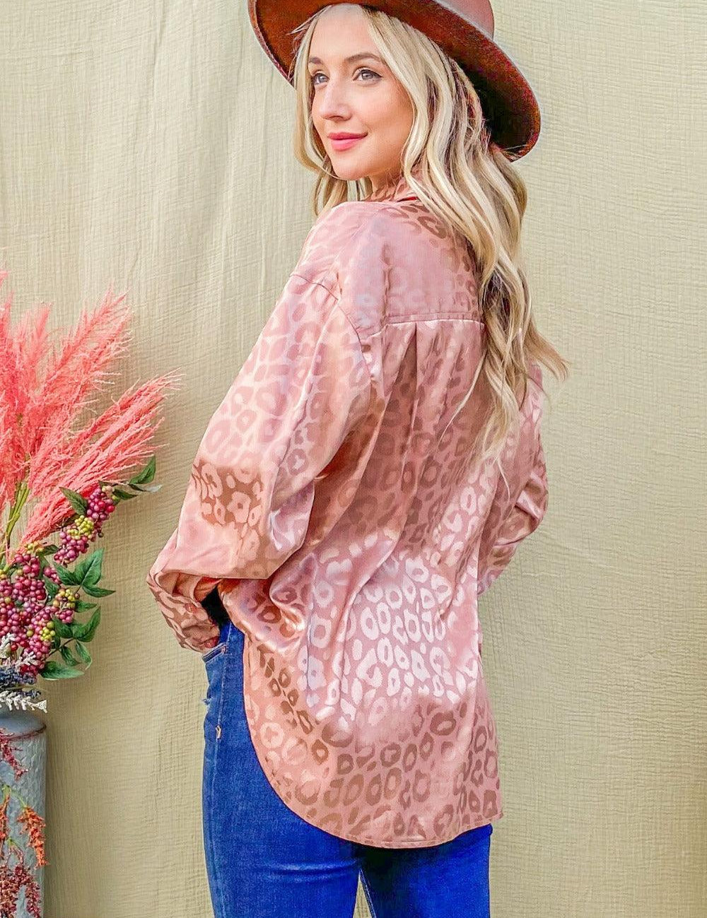 And The Why Satin Leopard Button Up Curved Hem Shirt | Daverri Fashions