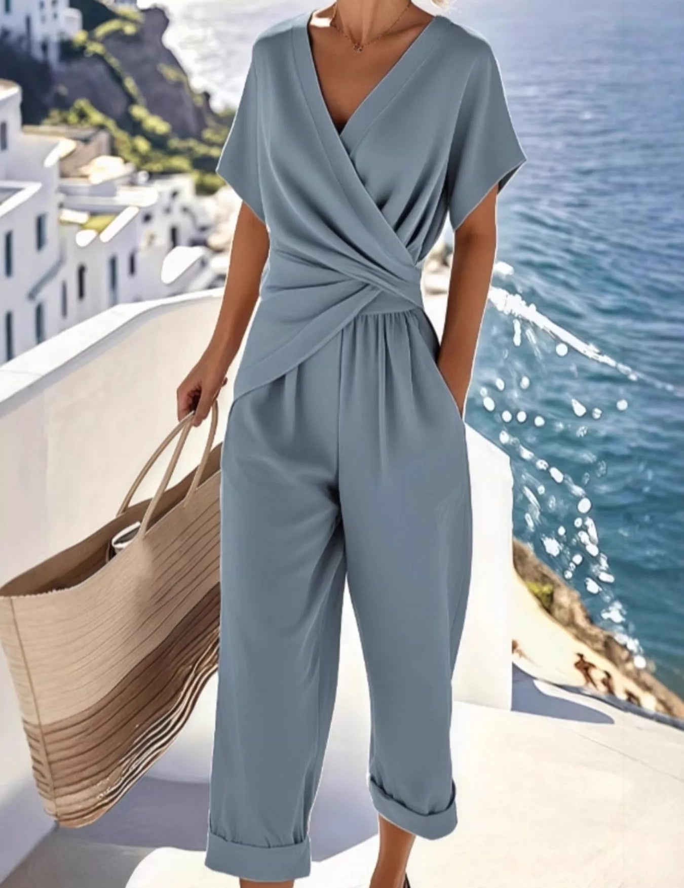Blue Full Size Surplice Short Sleeve Top and Pants Set Plus Size | Outfit Sets Daverri Fashions