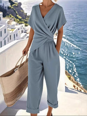 Blue Full Size Surplice Short Sleeve Top and Pants Set Plus Size | Outfit Sets Daverri Fashions