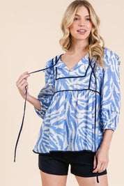 Lime 'N' Chili Graphic Print Solid Trim Quarter Sleeve Blouse | Daverri Fashions