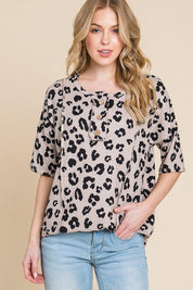 BOMBOM Button Detail Exposed Seam Leopard Half Sleeve Top | Tops Daverri Fashions