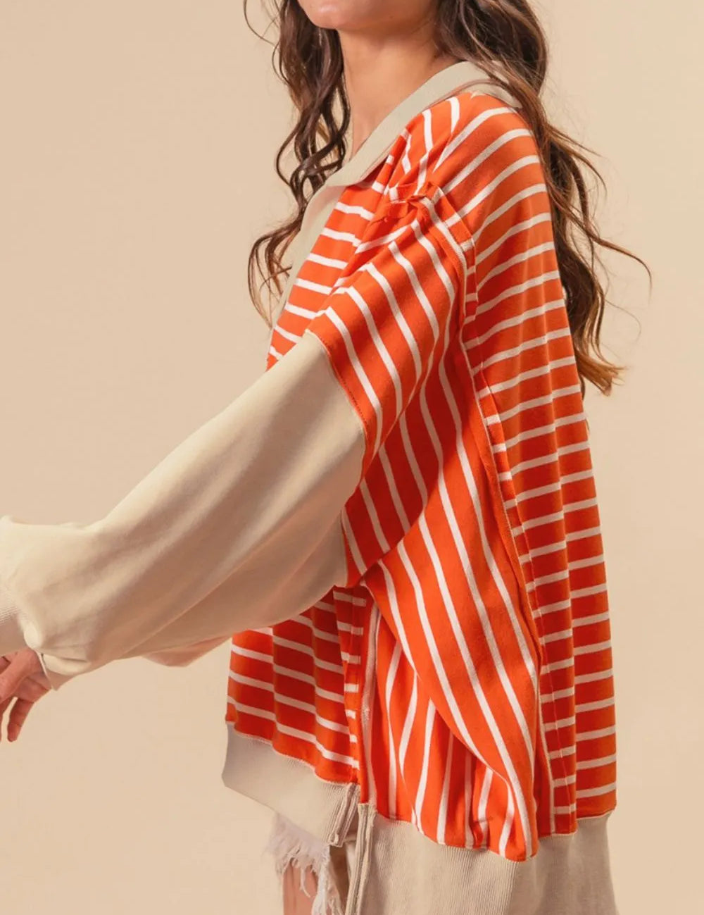 Striped Johnny Collar Long Sleeve Sweatshirt | Sweatshirts Daverri Fashions