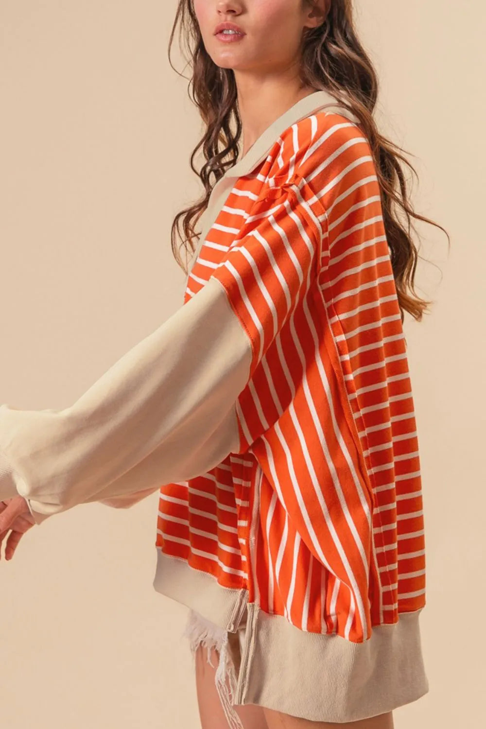 Striped Johnny Collar Long Sleeve Sweatshirt | Sweatshirts Daverri Fashions