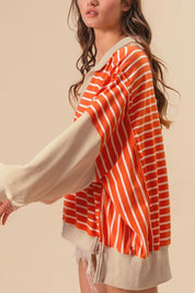 Striped Johnny Collar Long Sleeve Sweatshirt | Sweatshirts Daverri Fashions