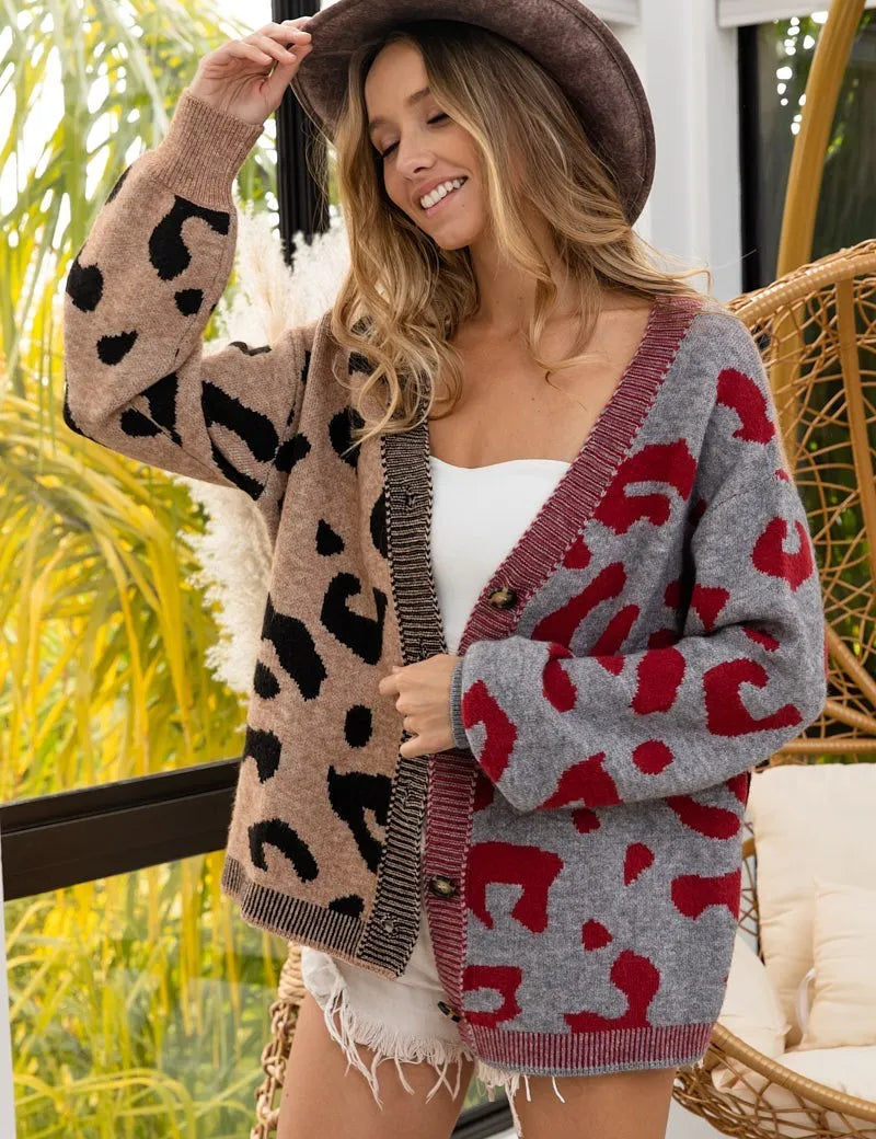 BiBi Leopard Color Block Button Down Sweater Cardigan | Cardigans Daverri Fashions