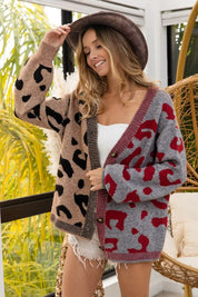 BiBi Leopard Color Block Button Down Sweater Cardigan | Cardigans Daverri Fashions