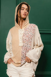 BiBi Slub Jersey with Lace Combo Buttoned Hoodie Top | Hoodies Daverri Fashions