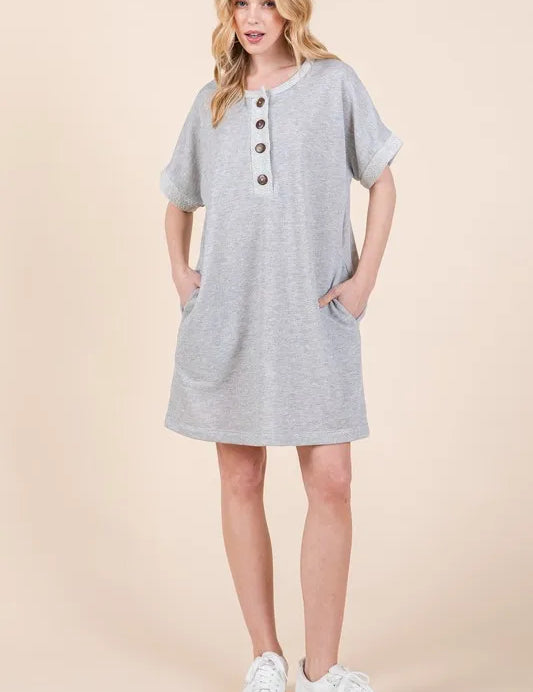 GREY BOMBOM Casual Contrast Trim Henley Dress | Daverri Fashions