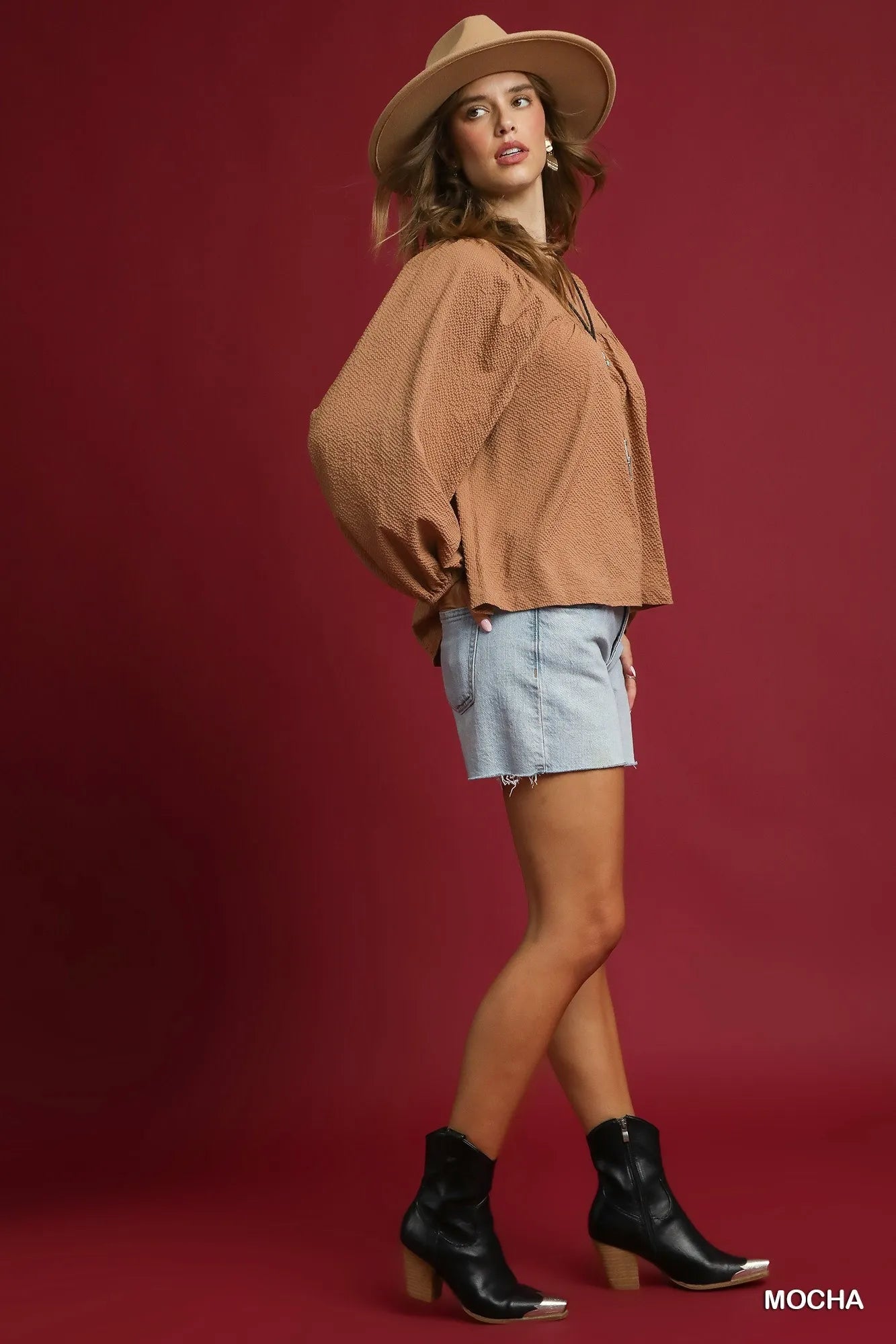 Umgee Textured Notched Blouse with Balloon Sleeves Mocha | Blouses Daverri Fashions