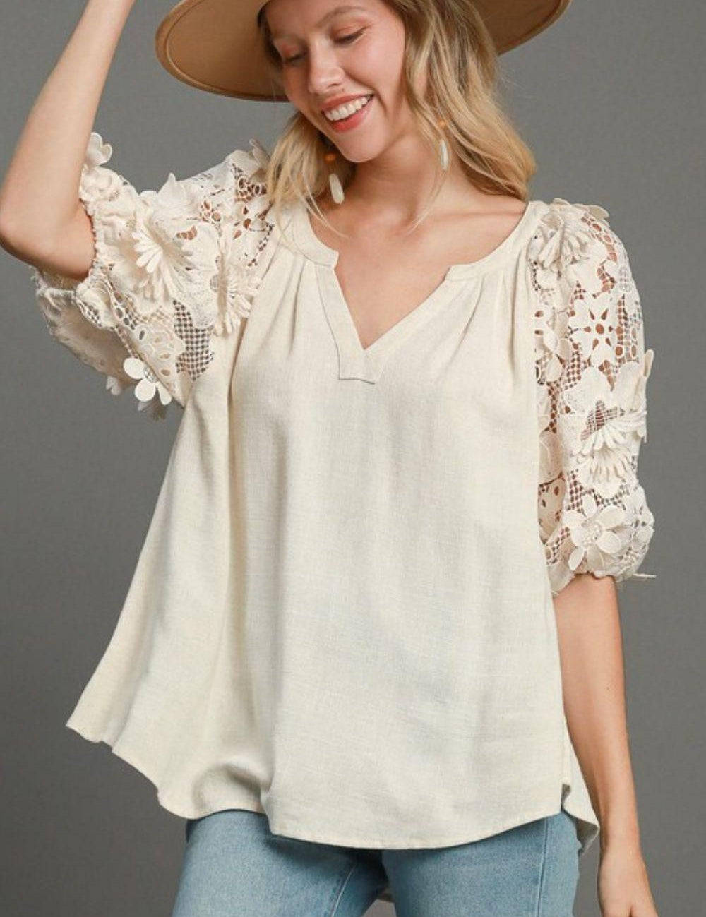 OATMEAL Umgee Full Size French Terry Boxy Cut Top with 3D Floral Sleeve | Blouses Daverri Fashions