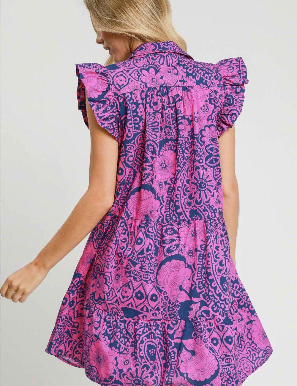 NAVY PINK XL Umgee Full Size Printed Ruffle Cap Sleeve Babydoll Dress | Babydoll Dresses Daverri Fashions