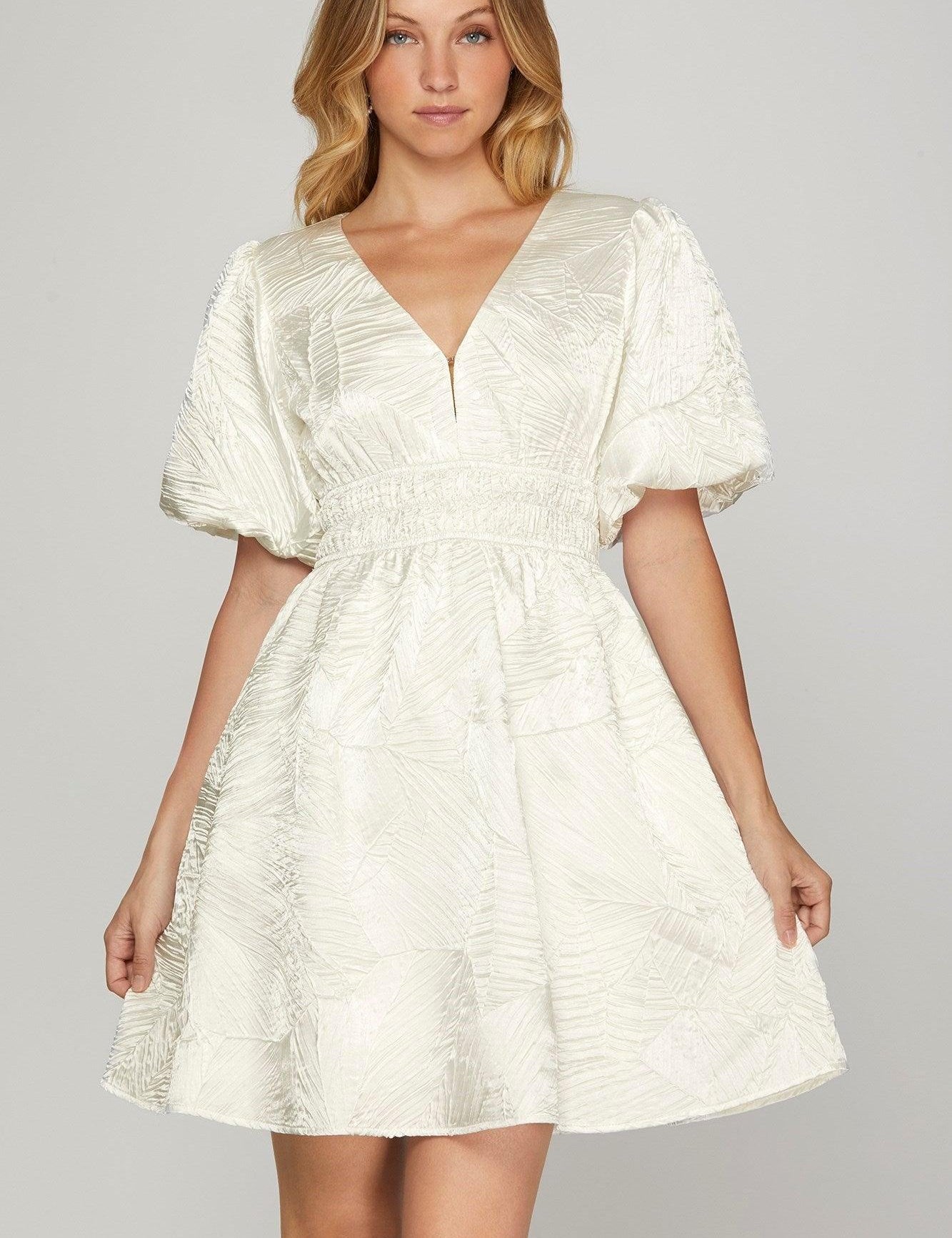 OFF WHITE 1XL She + Sky Crinkle Woven V-Neck Balloon Sleeve Mini Dress | Mini Dresses Daverri Fashions
