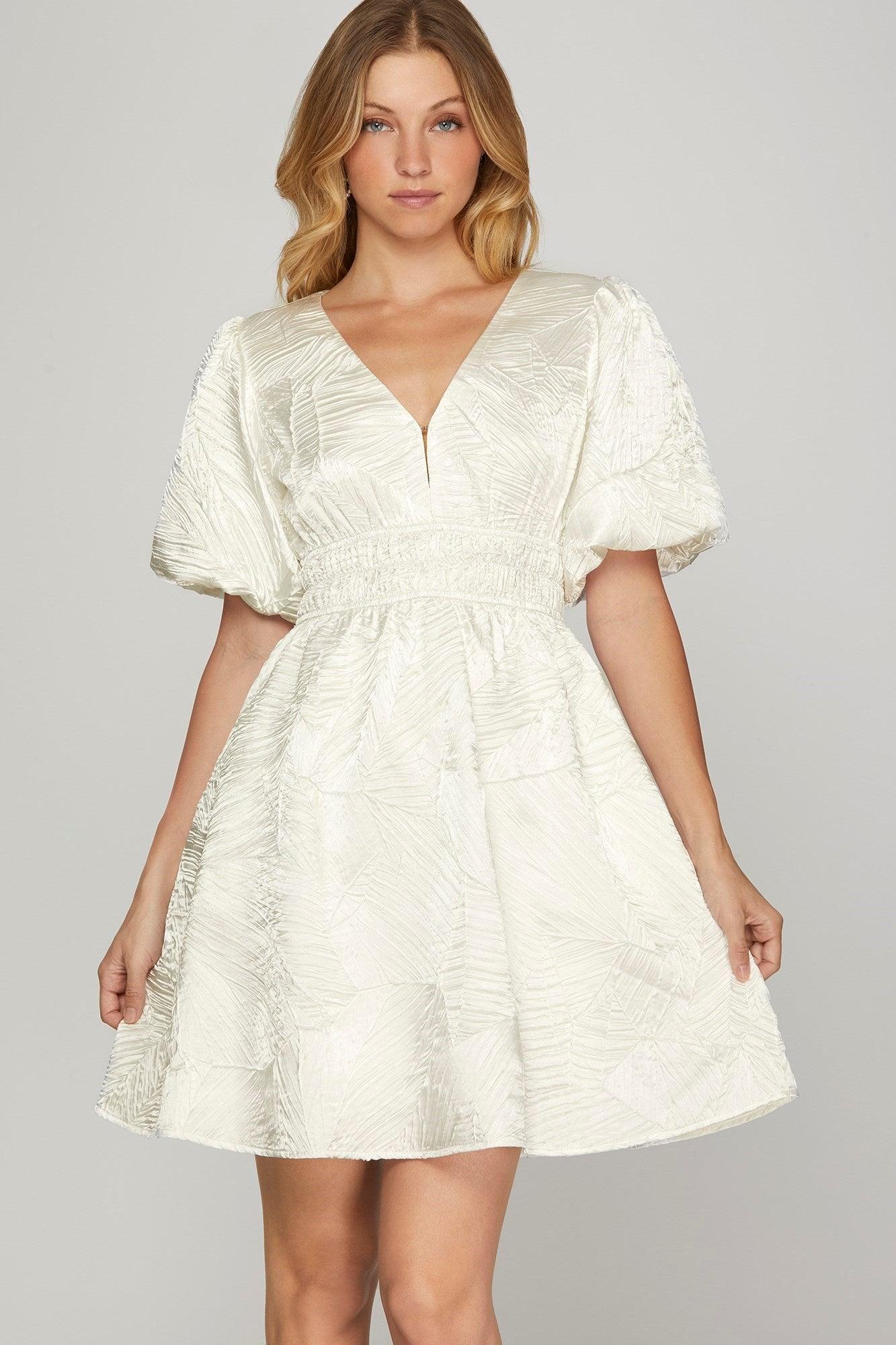 OFF WHITE 1XL She + Sky Crinkle Woven V-Neck Balloon Sleeve Mini Dress | Mini Dresses Daverri Fashions