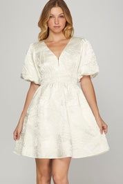 OFF WHITE 1XL She + Sky Crinkle Woven V-Neck Balloon Sleeve Mini Dress | Mini Dresses Daverri Fashions