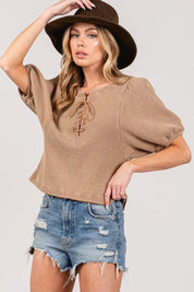 SAGE+FIG Lace-Up Waffle Knit Crop Top | Tops Daverri Fashions