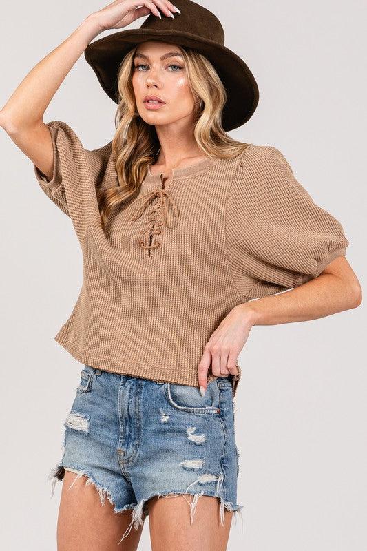 SAGE+FIG Lace-Up Waffle Knit Crop Top | Tops Daverri Fashions