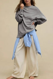 Side Slit Round Neck Long Sleeve Sweatshirt | Sweatshirts Daverri Fashions