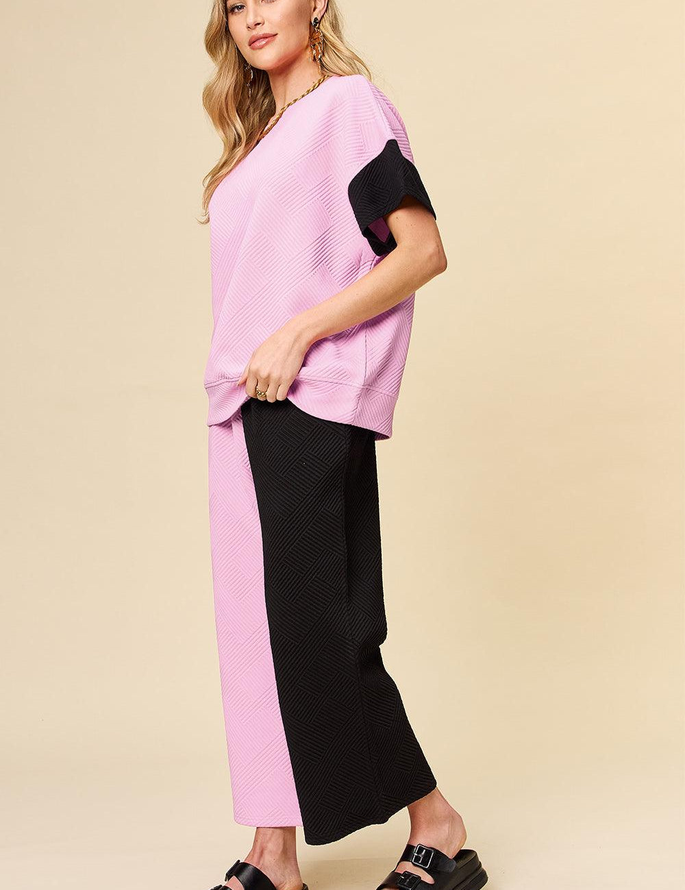 Double Take Full Size Texture Contrast T-Shirt and Wide Leg Pants Set | Outfit Sets Daverri Fashions