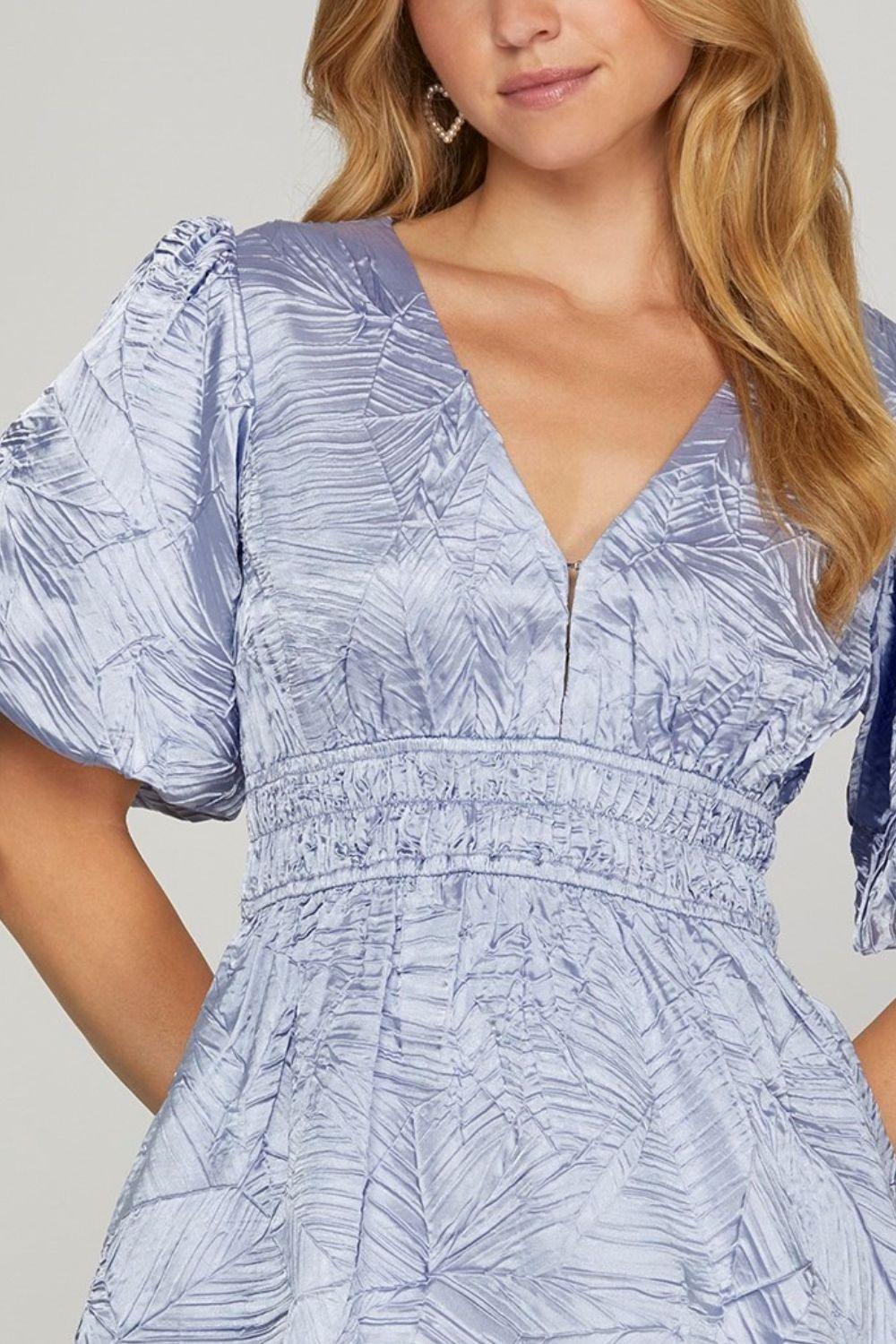 She + Sky Crinkle Woven V-Neck Balloon Sleeve Mini Dress | Mini Dresses Daverri Fashions