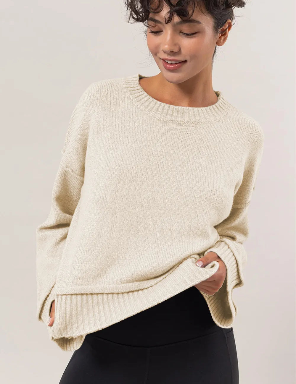 Cream HYFVE Round Neck Dropped Shoulder Ribbed Sweater | Sweaters Daverri Fashions