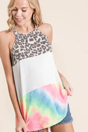 BiBi Leopard and Tie Dye Block Halter Neck Top | Tops Daverri Fashions