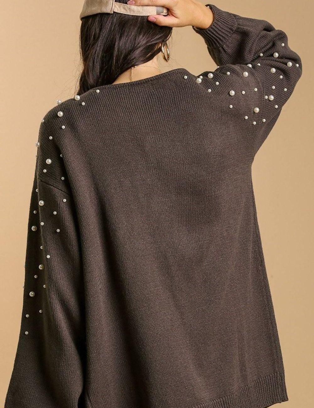 Umgee Open Front Cardigan with Long Sleeve Pearl Details | Cardigans Daverri Fashions