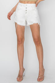 RISEN Button Fly Frayed Hem Denim Shorts | Daverri Fashions