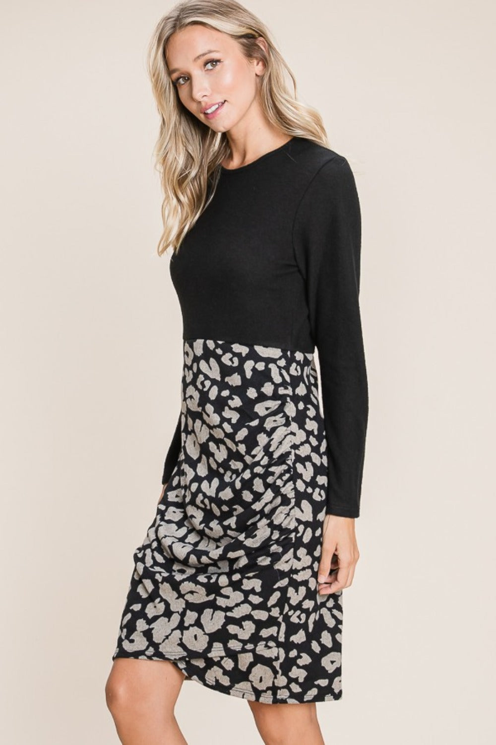 BOMBOM Leopard Color Block Knit Dress | Daverri Fashions