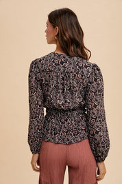Annie Wear Abstract Print Balloon Sleeve Peplum Blouse | Blouses Daverri Fashions