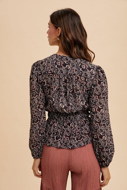 Annie Wear Abstract Print Balloon Sleeve Peplum Blouse | Blouses Daverri Fashions